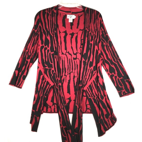 Variations Womens Size Medium Open Front Red Black Light Knit Cardigan Sweater - Picture 1 of 14
